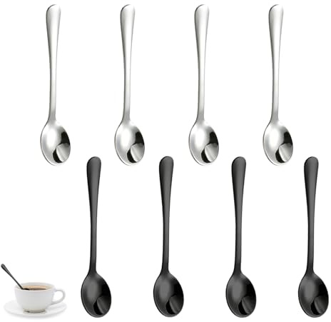 8Piezas Mini Cucharas de Acero Inoxidable para Tarros de Especias,Cucharas de Postre 7.5cm,Cucharillas Postre,Cucharillas Cafe para Latte macchiato,para Especias,Miel,Sal,Café,Lavavajillas,Plata+Negro