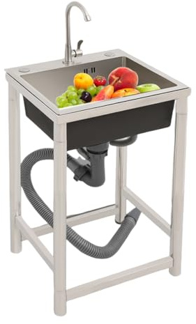 Freistehendes Edelstahl-Spülbecken 45 cm mit Armatur und Gestell | 360° schwenkbar, 50 kg Tragkraft, Siebkorb, V-Rohr, Antikondensbeschichtung und Schalldämmmatte für Haus und Gewerbe
