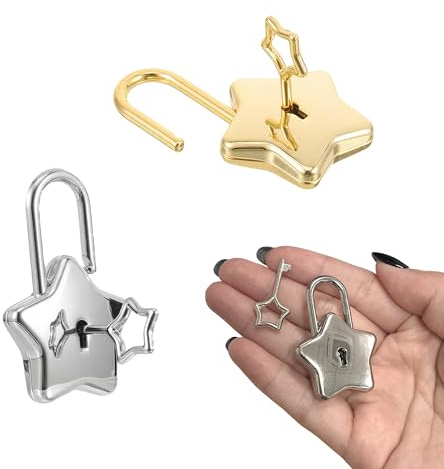 2PCS Padlocks, Padlocks with Keys, Practical Everyday Design | Creative Gold and Silver Star Shaped Mini Metal Padlocks with Keys, Creative Star Lock with Key for Jewelry Box, Cabinet.
