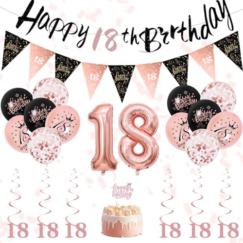 18. Geburtstag Mädchen Deko – Schwarze RoseGold Geburtstag Deko Set mit Banner 18 Geburtstag, Luftballons 18. Geburtstag, Spiral Wirbel Geburtstag Girlande & Tortenstecker