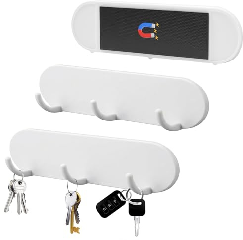 MCTNCT 3 Stück Magnetischer Schlüsselhalter,Magnetischer Schlüsselhalter mit 3 Haken für Kühlschrank, Küche und Waschküche,Hakenleiste Selbstklebend,weiß