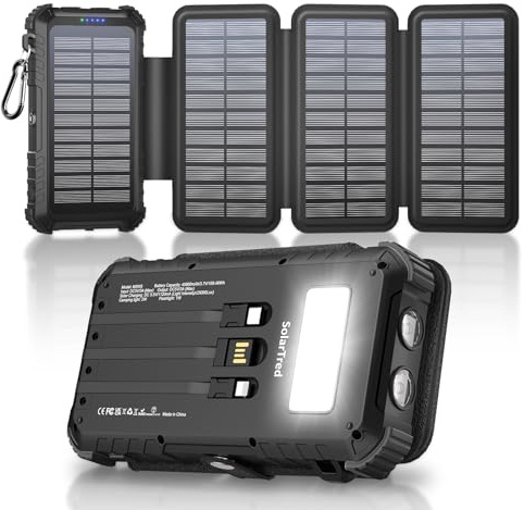 Solar Power Bank 45800mAh with 4 Panels, Portable Solar Charger with Build-in 3 Cables for iPhone, USB C in/Output 15W Fast Charging External Battery Pack with Flashlight & Camping Light