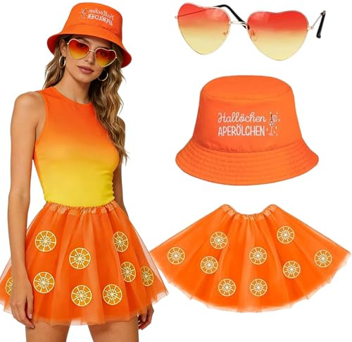 KOMEIYL Aperol Kostüm Damen 3 Stück, Aperol Apritz Costume Accessoires mit Tüllrock Orange, Orange Fischerhut, Retro Brillen in Herzform, Faschingskostüme Damen für Fasching Festival Hawaii Party