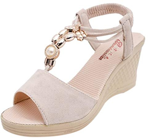 Kilsandaler damer eleganta, sandaler kilklack damer sommar sandaletter fiskmun romerska sandaler fashionabla fritidssandaler andas kvällsskor bekväma utomhussandaler lätta utomhussandaler, Beige, 39