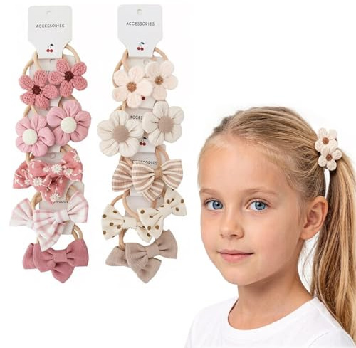 MYZWEL 20 Pezzi Elastici Capelli Bambina con Fiocco, 2 Set di Codini Morbidi in Tessuto Rosa e Beige, Accessori per Capelli per Neonata e Bambine, Senza Metallo per Coda di Cavallo