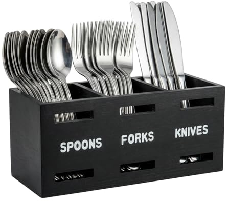 M.J COMFY-LIFE Wood Cutlery Holder Caddy Organizer 3 Compartments Large Capacity Kitchen Utensil Storage for Forks Spoons Knives Black Wooden Flatware Caddy for Countertop Dining Table Party Picnic