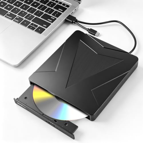 External CD DVD Drive for Laptop, USB 3.0 & Type-C Portable CD DVD +/-RW Drive, DVD/CD ROM Burner Reader, Slim Optical DVD Drive, CD Player for Windows 11/10/8/7/XP Linux macOS Laptop Desktop MacBook