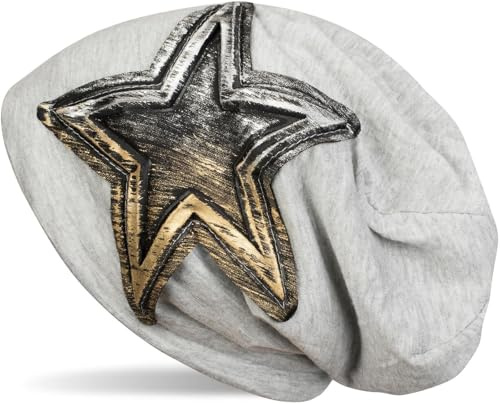 styleBREAKER Beanie Mütze mit Vintage Metallic Stern Applikation, Slouch Longbeanie, Unisex 04024107, Farbe:Hellgrau