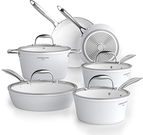 COOKSMARK Swan 10 Piezas Juego de Ollas y Sartenes Antiadherentes Inducción de Cerámica Juego de Cacerolas de Aluminio Apta para Lavavajillas y Horno Blanco