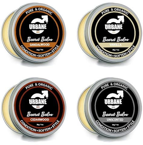 Urbane Men Beard Balm Pack of 4 – Premium Beard Kit with Sandalwood, Vanilla, Cedarwood, Unscented Essential Oils – Moisturising Beard Conditioner