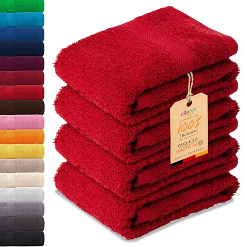 EllaTex Paris 4er Set Gästetücher 30x50 cm – 100% Baumwolle, 500 g/m² Frottier, flauschig, Farbe: Rubinrot