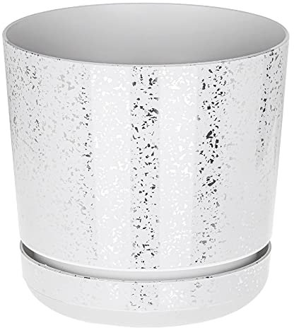 KORAD WHITE WITH SILVER FLECKS flower indoor plant pot with saucer plastic gloss modern decorative planter with drainage holes (14 cm - 5.5 inch)