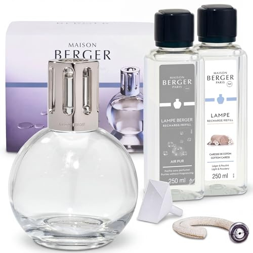 MAISON BERGER – Geschenkset Lampe Berger Essentielle Ronde mit 2 Nachfüllungen à 250 ml – Air Pur & Zarte Baumwollblüte – Katalytische Duftlampe – Feine, Gleichmäßige Diffusion, Klar