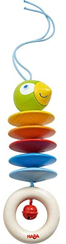 HABA 305230 - Hängefigur Papagei, Babyspielzeug für Babyschale, Spieltrainer, Kinderbett und Kinderwagen, mit Glöckchen, Holzspielzeug ab 6 Monaten