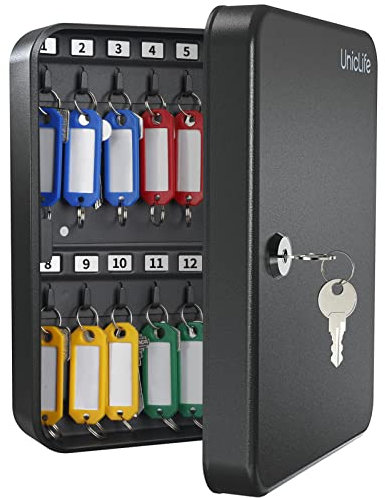 Uniclife 28-Key Steel Key Cabinet with 2 Unlocking Keys Wall Mounted Key Organizer Black Frosted Security Box with Hooks and Large Key Tag Labels Identifiers in 5 Assorted Colors