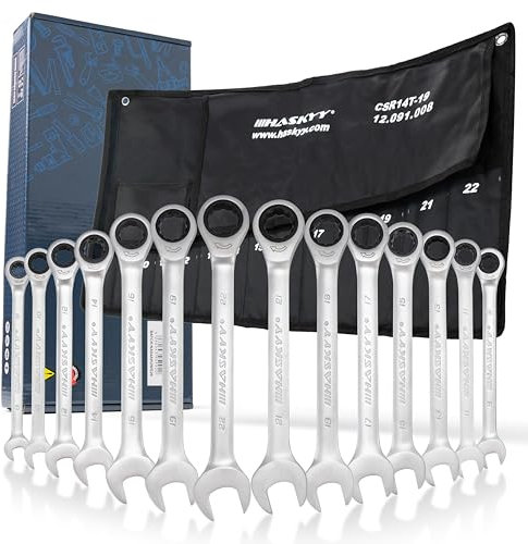 HASKYY 14-Tlg Ratschenschlüssel-Set I 8-22mm Gabelschlüssel Ratschen-Schlüssel-Satz Maulschlüssel