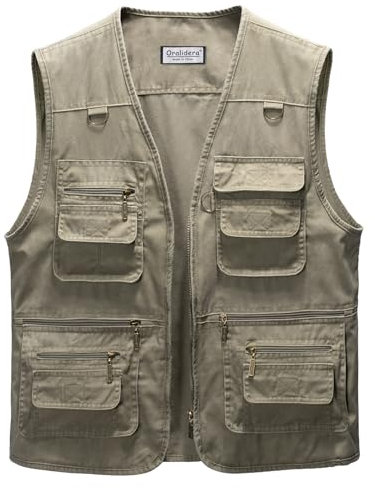Oralidera Herren Outdoor Weste Freizeit Jacke Leicht Safari Weste mit Reißverschluss Jagd und Angler Fotografie Wandern Weste Anglerweste mit Vielen Taschen, Khaki, L