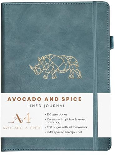 Lined Notebook A4 by Avocado and Spice® with Gift Box & Velvet Bag – Note Pads for Work - Hardback Notebook A4 - Vegan Friendly Leather Journal with 200 Thick Pages (Grey, Lined)