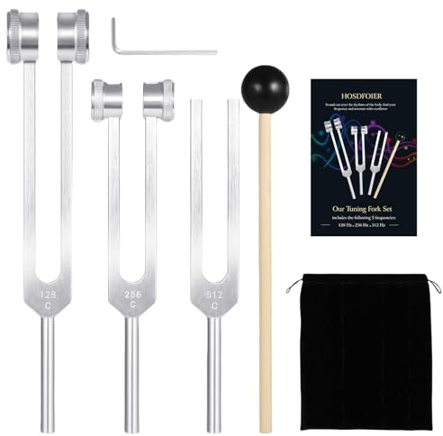 Stimmgabeln für Heilung Set (128Hz, 256Hz, 512Hz), Stimmgabel mit Reflexhammer für Heilung/Frequenzinstrument/Klangtherapie/Chakra/Yoga und Meditationswerkzeuge (Silber), Stressabbau Geschenk