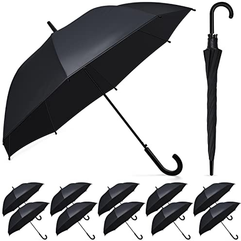 Reginary 12 Pack Black Umbrella Wedding Style Stick Umbrellas Large Canopy Windproof Transparent Stick Umbrellas Wedding Rain Transparent Umbrellas Bulk Auto Open J Hook Handle