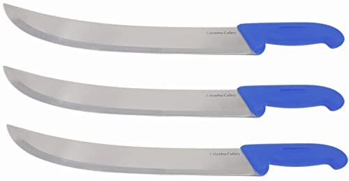 Columbia Cutlery 12 Inch Cimiters - Choose Color and Qty - Professional Curved Restaurant and Butcher Knife for Slicing and Carving Steak, Roasts, and Brisket (3 Pack - Blue Cimiter)