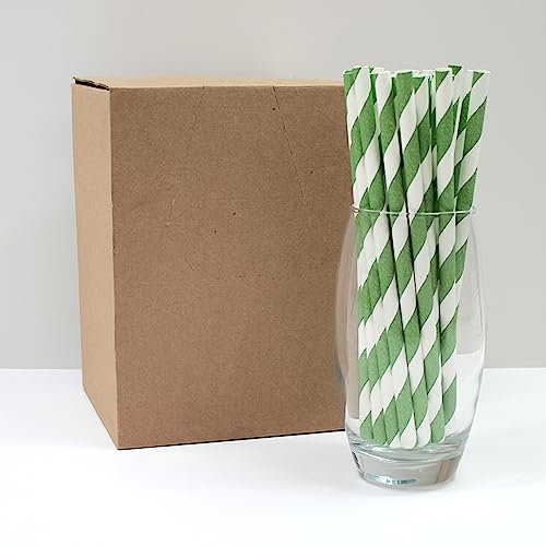 Green & White Striped Paper Straws (8mm x 200mm) - Pack Size 250 - FSC Certified/Food Safe/PFAS Free/Biodegradable/Eco-Friendly/Durable/Ideal for Milkshakes & Smoothies