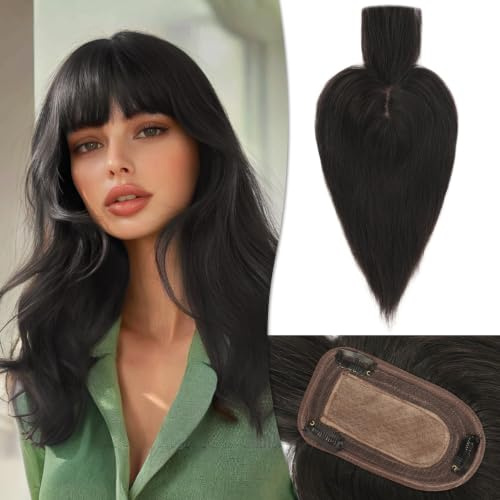 RUWISS Echthaar Hair Topper für Frauen Krone Toppers With Pony Kurze Perücken Haarteile für Dünnes Haar 7.5 * 13CM Silk Base 100% Echtes Menschliches Haar Clip in Topper 30 CM 40g (Natürlich Schwarz)