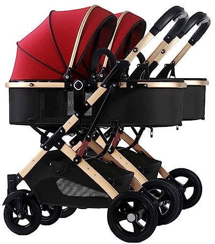 YCKEGEW Zwillingskinderwagen Kombi Doppelter Kinderwagen Für Säugling Und Kleinkind, Abnehmbarer Kinderwagen Side-by-Side Multi-Position Reclining Sitze, Faltbare Kinderwagen Trolley (Color : Red)