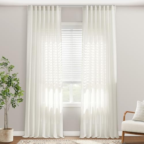 108 Inch Linen Cotton Semi Sheer Curtains, 9FT Floor to Ceiling, Lightweight Rod Pocket Back Tab Drapes for Living Room Bedroom, 2 Panels Set, 50'' W x 108'' L, Natural