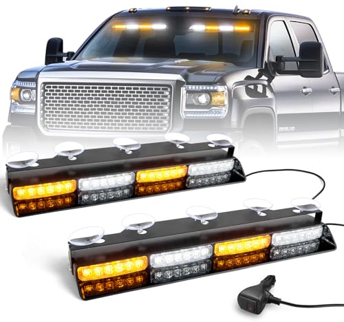 HLauto 6Z4J Emergency Dash Strobe Lights: 2x16.8 inch Amber White Safety Lights, 48 LED Flashing Warning Hazard Interior Windshield Visor Traffic Light Bars for Trucks, Construction Vehicles