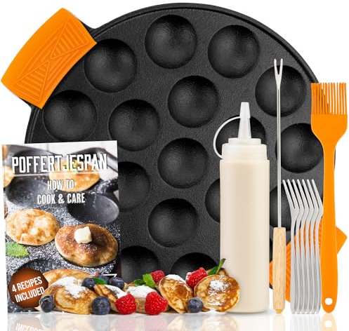 IRONO Poffertjes Pan - Mini Pancake Maker - Pancake Pan - 19 Mini Pancakes - Eggs Crepe Pan - Cast Iron - Includes Brush, Turning Fork, Batter Bottle, 6 Forks, Handles