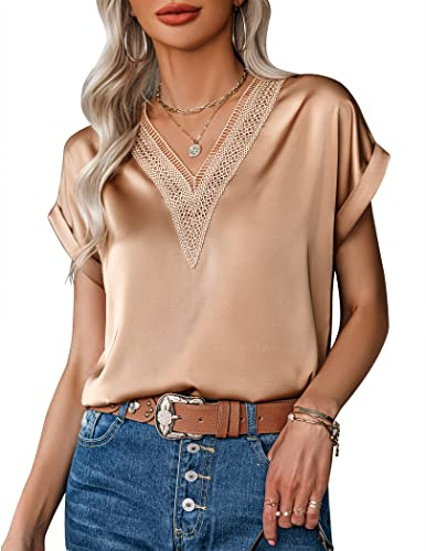 Zeagoo Camicia Donna Manica Corta Raso con Scollo a V in Pizzo Elegante Maglietta Casual Stampato Tinta Unita Satin Blusa Estivi XXL