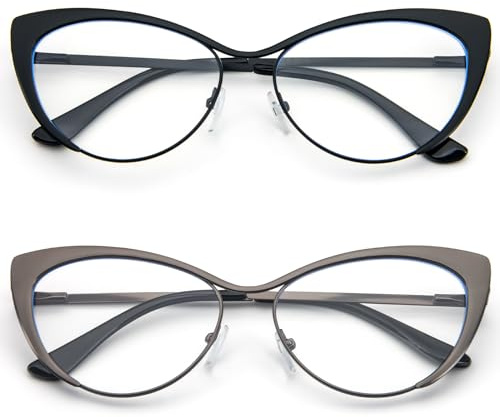 KoKoBin Katzenaugen Lesebrille - 2 Pack Metallrahmen und Federscharnierbrillen mit Anti-Blaulicht, Lesebrillen für Männer und Frauen