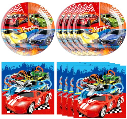 DURYGEN 40 Pieces Cars Birthday Party Decorations Hot Car Disposable Tableware Set Include Racing Car Plates Napkins Party Supplies Kit for Kids Boys Racing Birthday Decorations