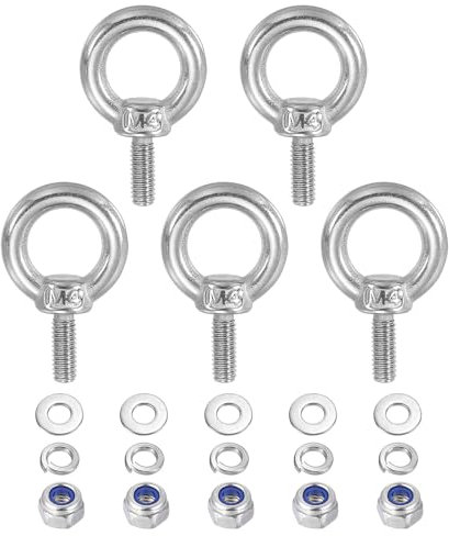 PATIKIL M4 x 10mm Lifting Shoulder Eye Bolt, 5Pcs 304 Stainless Steel Lifting Ring Threaded Eyebolt with Nuts Washers for Hanging Hammocks Articles
