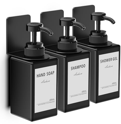 Anhow 3 stycken badrum tvåldispenser, 450 ml väggduschdispenser utan borrning duschdispenser schampo och duschtvål med etikett för badrum dusch kök - svart