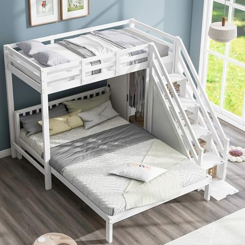 KUAKE Etagenbett mit Garderobe, 90x200cm+140x200cm,Multifunktionales Kinderbett, Kinderetagenbett, Mit Aufbewahrungstreppe, Großer Stauraum,Ohne Matratze, Weiß (140x200cm)