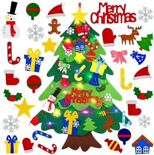 DONGTATA Decoraciones de árbol de Navidad de fieltro para niños, 38.5 pulgadas, juego de árbol de Navidad de fieltro para colgar en la pared, kits de decoración de árbol de Navidad con kit de adornos