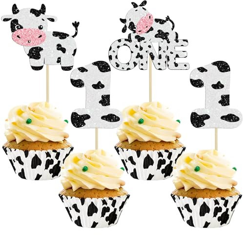 Gyufise 24Pcs Cow One Cupcake Toppers Glitter Farm Animals First Birthday Cupcake Picks Decorations for Baby Shower Kids Boys Girls 1st Birthday Party Supplies Black