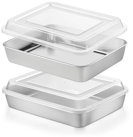 Herogo Baking Pan with Lid (2 Pans + 2 Lids), 8 x 10 Inch Nonstick Rectangle Stainless Steel Baking Set, Deep Cakes Bakeware for Brownies Casseroles, Non Toxic & Dishwasher Safe