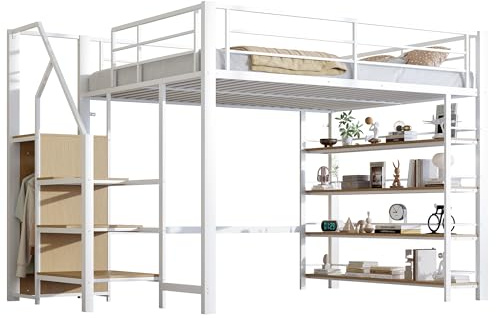Azkoeesy Letto a Soppalco Metallo 140 x 200 cm con Scala a Grandini, Bianco | per Adulti e Adolescenti, corrimano e parapetto di sicurezza, Armadio e Ripiani integrati, Max 150kg, Bianco