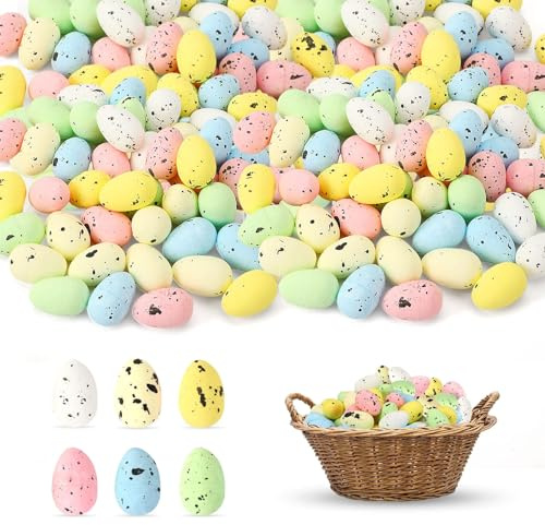 JULBEAR 50PCS Mini Easter Egg Decorations, Easter Multi-color Foam Egg Decorations, Artificial Bird Eggs, Party Decorative Easter Eggs, Speckled Eggs for Kid Art Crafts Supplies Basket Stuffers Assor
