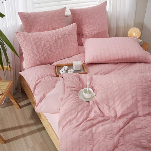 YASMENG Seersucker Bettwäsche 200x220 Rosa Gestreift Sommer | Bettwäsche Seersucker Weich Atmungsaktiv Mikrofaser Bettbezug Set 3 Teilig mit Reißverschluss und 2 Kissenbezüge 80x80 cm