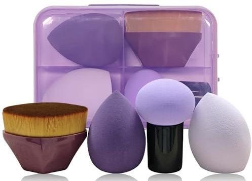 AmiCera Makeup Sponge, Blender 4 Pack Latex Free Beauty Makeup Powder Puff Blending Blender Foundation Concealer for Liquid, Powders, Creams, Make-up Sets for Women, with Brush, Purple
