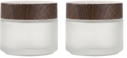 2 Pcs 100ml 3.4oz Round Frosted Glass Cream Jar Travel Containers Pot Straight Sided Storage Cosmetic Jars Containers with Inner Liners and Wood Grain appearance Lids for Cream Lotion Butter Spice