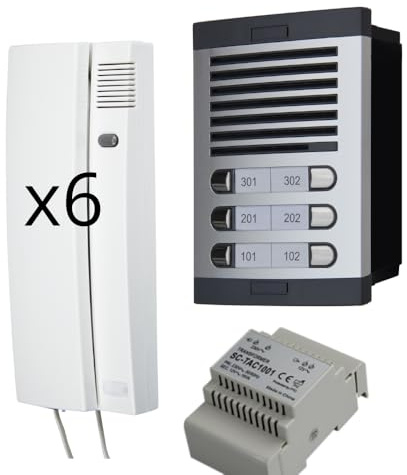 Kit citofono 6 appartamenti audio analogico 4+n – Citofono condominiale per 6 unità abitative, – Posto esterno, citofoni interni, alimentatore e scatola da incasso inclusi – professionale