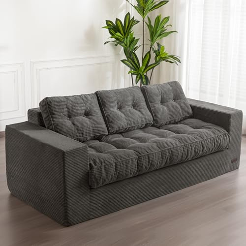 MAXYOYO Canapé 3 Places en Velours Côtelé, Floor Sofa Rembourré avec Accoudoirs, Canapé Causeuse avec Coussin et Dossier Capitonnés, Grand Sofa Poire pour Chambre à Coucher ou Salon