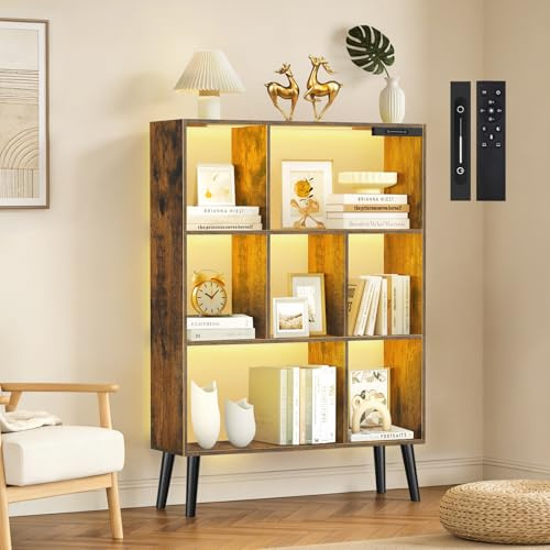 OUTONLIFE Libreria a 7 Cubi con Luci LED, Controllo Touch e Telecomando, Scaffale Moderno a Terra Dimmabile, Organizer in Legno Aperto per Soggiorno, Camera da Letto e Ufficio