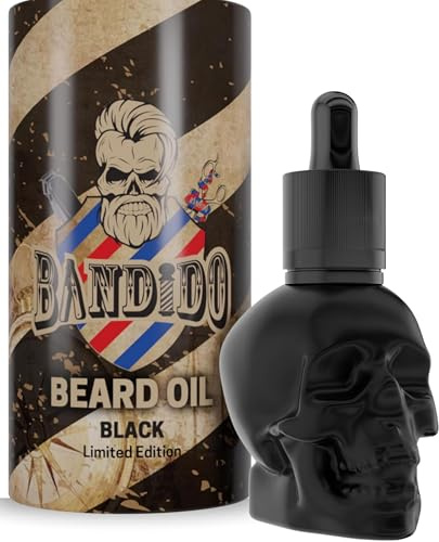 BANDIDO - Olio Barba Uomo 40ml con Design Teschio - Olio Cura della da Barbiere Dispenser Pipetta | Siero Barba da 3 Giorni o Barba Completa | Olio da Barba Styling della - Nero