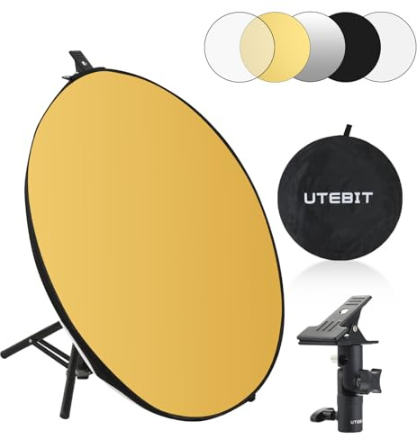 UTEBIT Riflettore di luce da 60 cm con morsetto e custodia per il trasporto, riflettore rotondo pieghevole 5 in 1 con supporto da 40 – 120 cm (traslucido/argento/oro/bianco/nero) per illuminazione